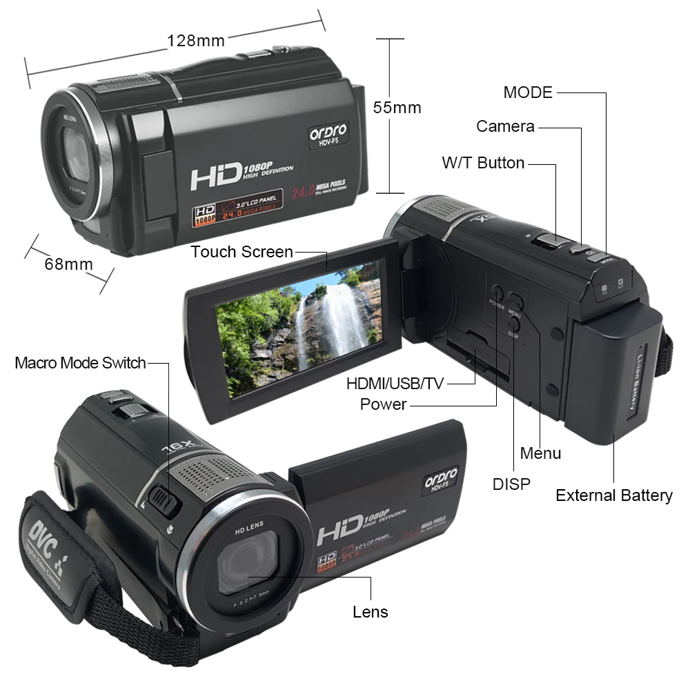ORDRO F5 Цифровая видеокамера 1080P Full HD 30fps Камера Внешний широкоугольный объектив 16X цифровой зум Камера