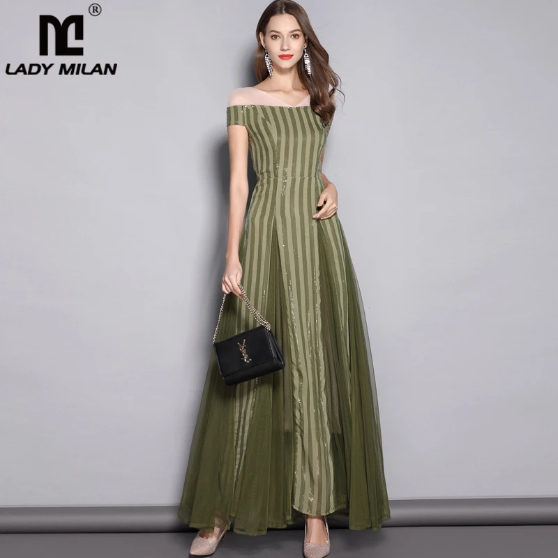 

Lady Milan 2019 Women's V Neck Short Sleeves Sequined Striped Party prom Elegant Long Designer Runway Dresses