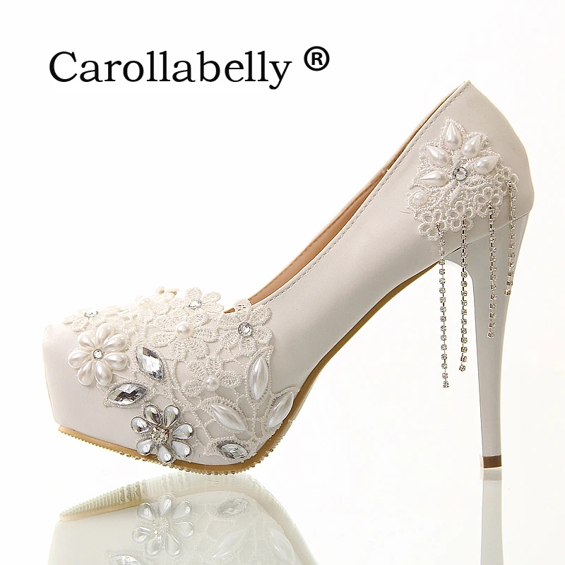 8cm12cm10cm14cm White Rhinestone Lace Flowers Bridal Shoes High Heel