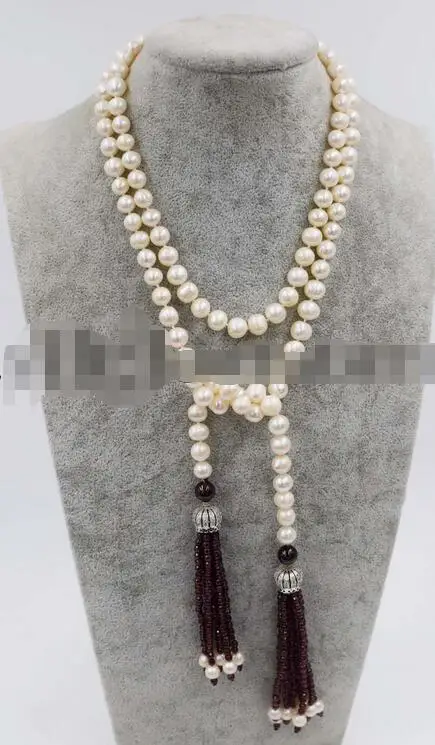 

red garnet round faceted freshwater white pearl necklace 52" wholesale beads