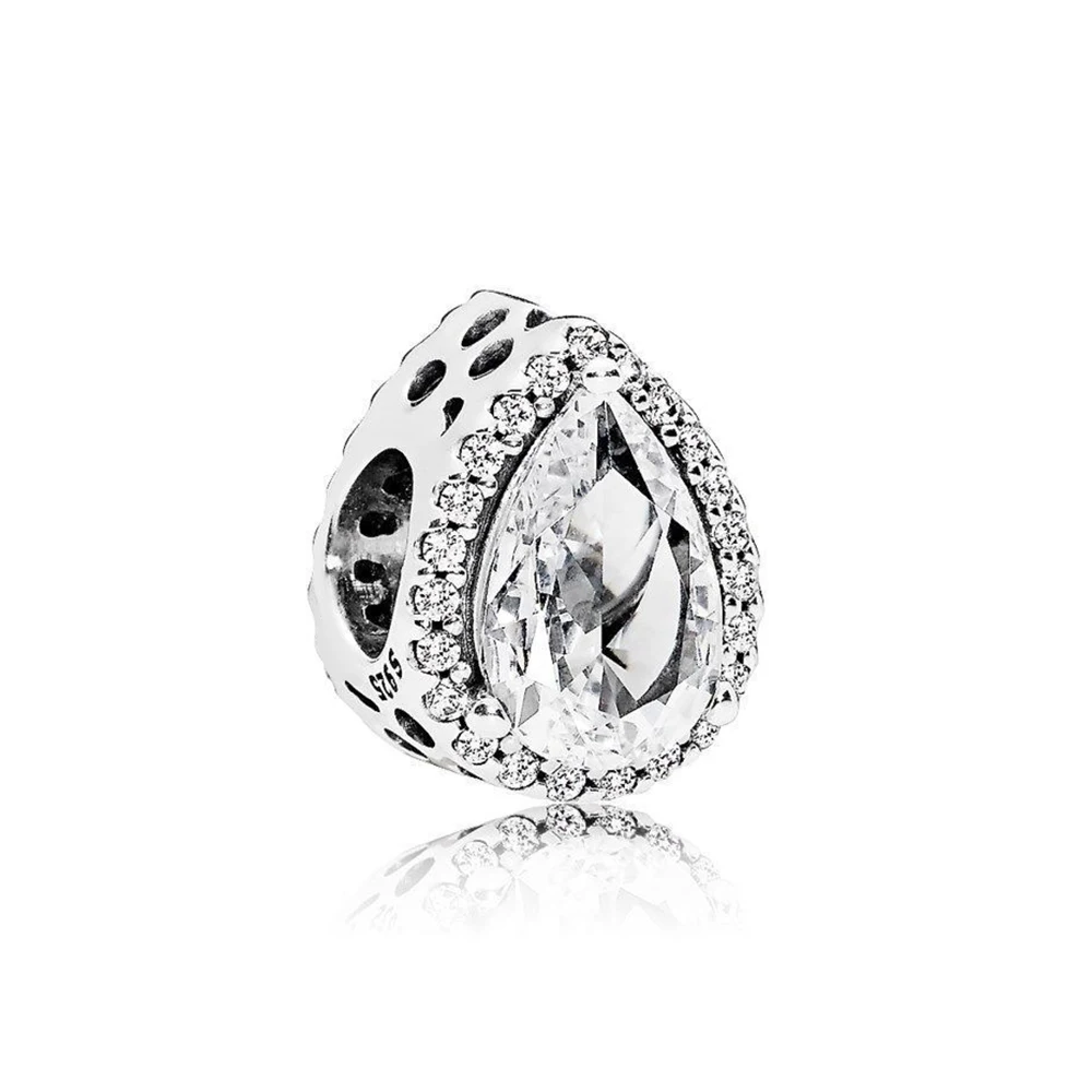 

NEW 100% 925 Sterling Silver Radiant Teardrop Charm Clear CZ Bead Fits Original Bracelets DIY Jewelry For Mother Gift