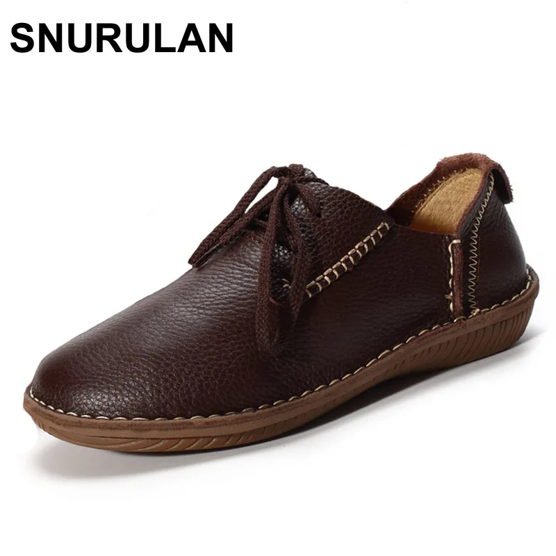 

SNURULAN Women Shoes Flat Genuine Leather hand-made Ladies Flat Shoes Black/Brown/Coffee Casual Lace up Flats Woman Moccasins