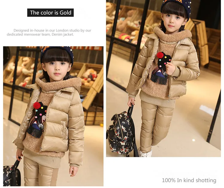 Комплект теплой одежды для русской зимы для девочек, куртка-жилет с капюшоном+ теплый топ, Хлопковые Штаны, комплект из 3 предметов, хлопковое пальто с теплым капюшоном для девочек