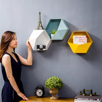 

Creative Metal Hexagonal Storage Holders Nordic Iron Personalized Geometry Colourful Hanging Shelf Multifunction Desktop Racks