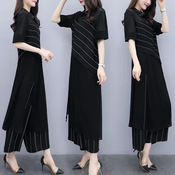

Striped Stitching Two Piece Set Summer Costumes For Women Stylish Conjunto Feminino Ensemble Femme Deux Pieces Pant Suit