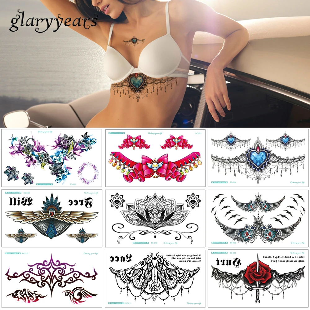

glaryyears 20 Designs 1 Sheet Chest Body Tattoo XT-BC Temporary Waterproof Jewelry Lace Decal Waist Art Tattoo Sticker for Women