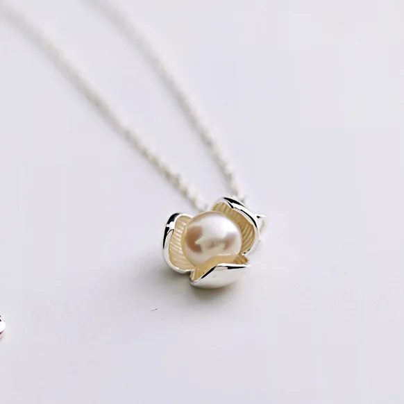 Hibiscus petals pearl 100%  925 sterling silver necklace with   clavicle chain women jewerly pendant