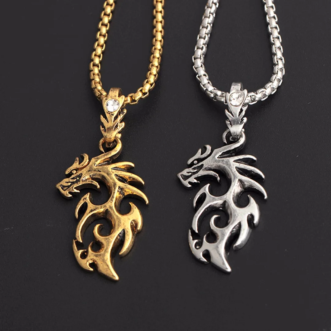 Trendy Men's Stainless Steel Hollow Dragon Pendant Necklace Silver/Gold Color Long Chain Charms Fashion Punk Jewelry Accessories