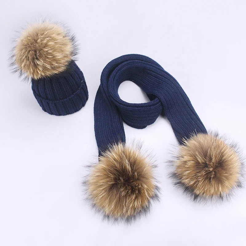 Children Pompon Beanie Hat Scarf Set Autumn Winter Outdoor Knitted Cotton Warm Real Raccoon Fur Pom-pom Caps Scarf 2 Piece Suit - Цвет: Navy 3 balls