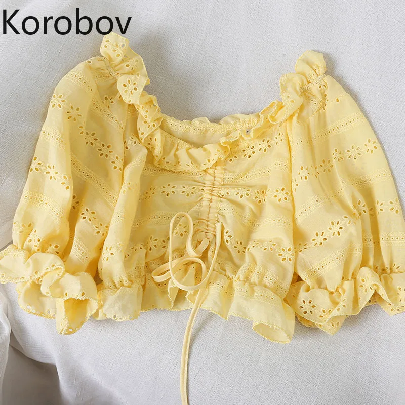 

Korobov Summer Solid Short Women Blouses Flare Sleeve Sexy Slash Neck Off Shoulder Shirts Drawstring Hollow Out Blusas 78312