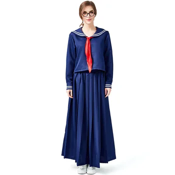 

New 2019 Long Sleeve Navy Uniforms Long Skirt Design Navy Blue Jk Academy College Uniform Cosplay Japanese Sailor Clothing Tie