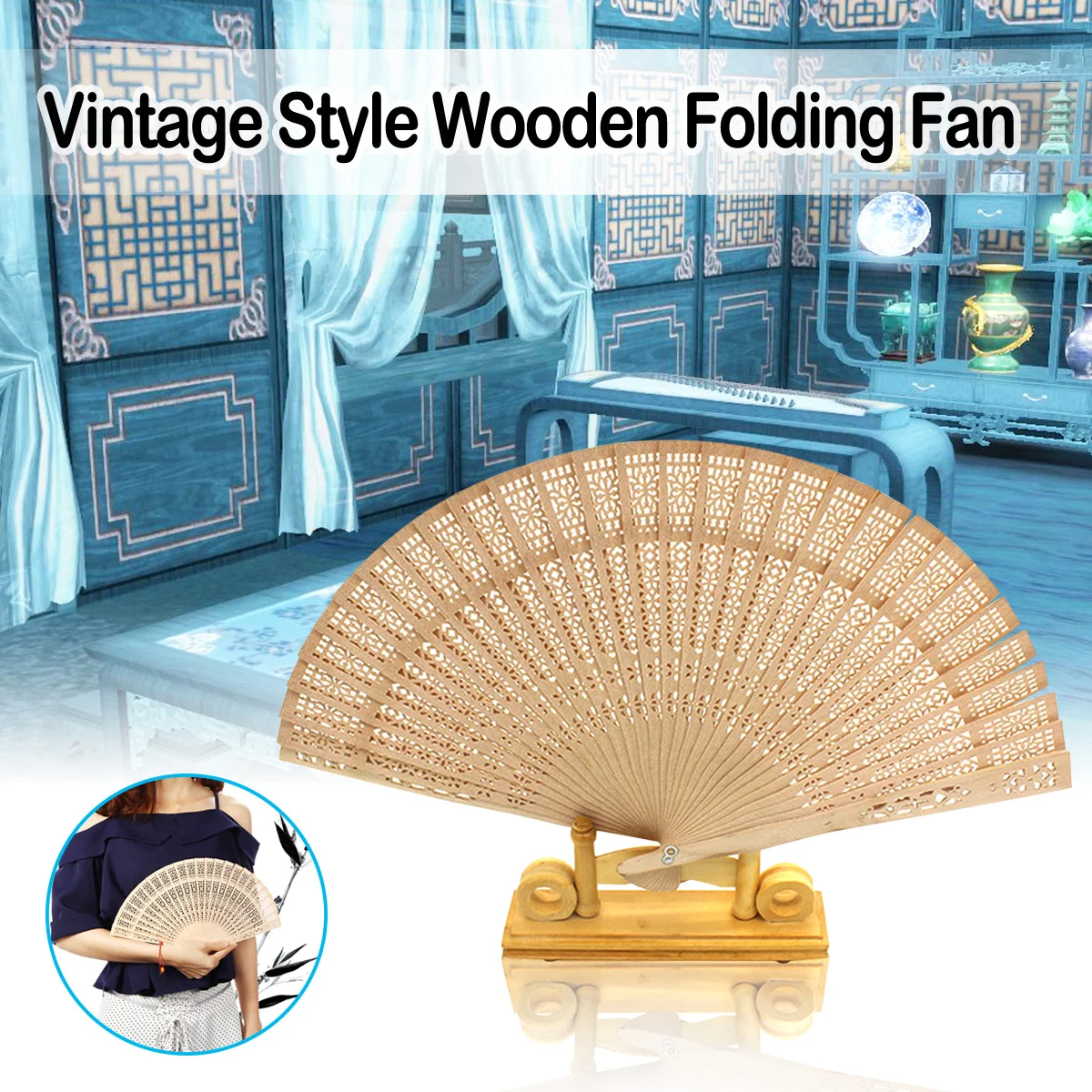 

Portable Chinese Folding Fragrant Wood Fan Bamboo Wooden Carved Hand Fan fit Wedding Party Summer Home Decoration