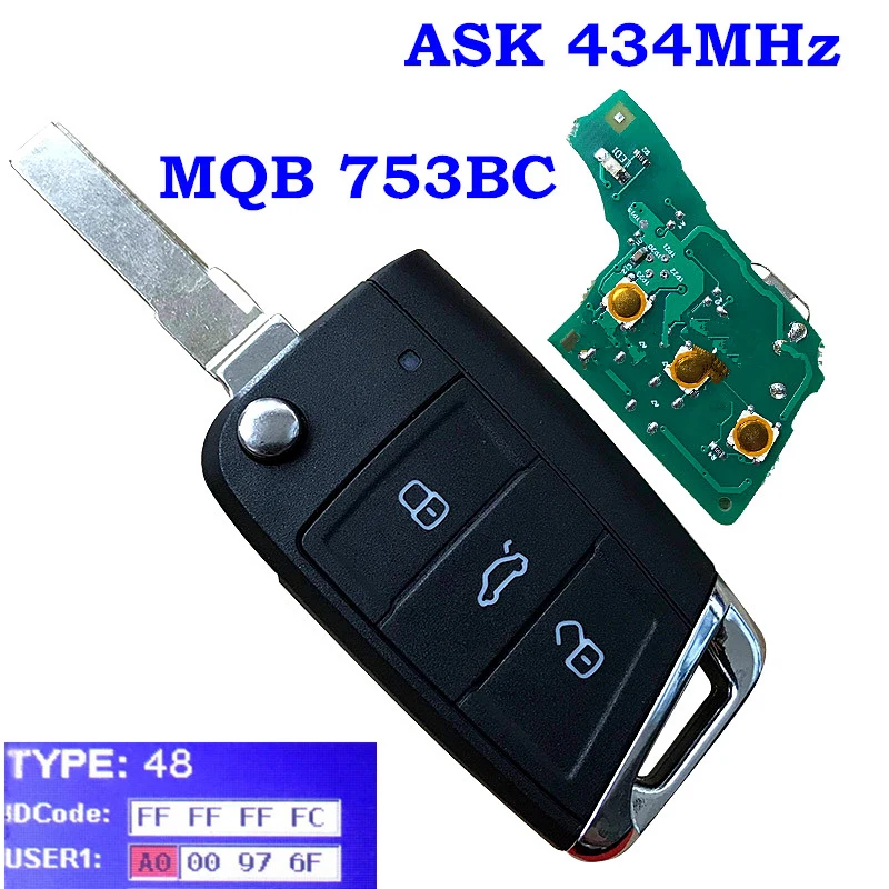 Горячая Распродажа 433 МГц 3 кнопки дистанционного ключа для MQB Skoda Seattle ID48 чип Uncut