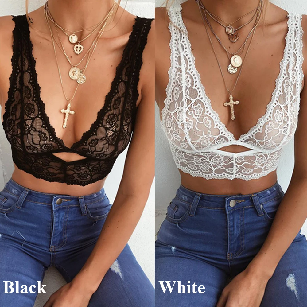 Plus Size Women Sexy Lace Bra Bralette Black/White Deep V Push Up Shaping Padded Bras Underwear Embroidery Lingerie Tops