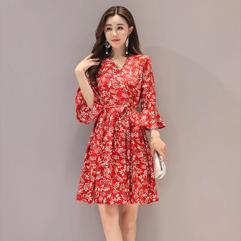 

Vintage V Neck Three Quarter Sleeve Dress 2019 Loose Women's Printed Dress