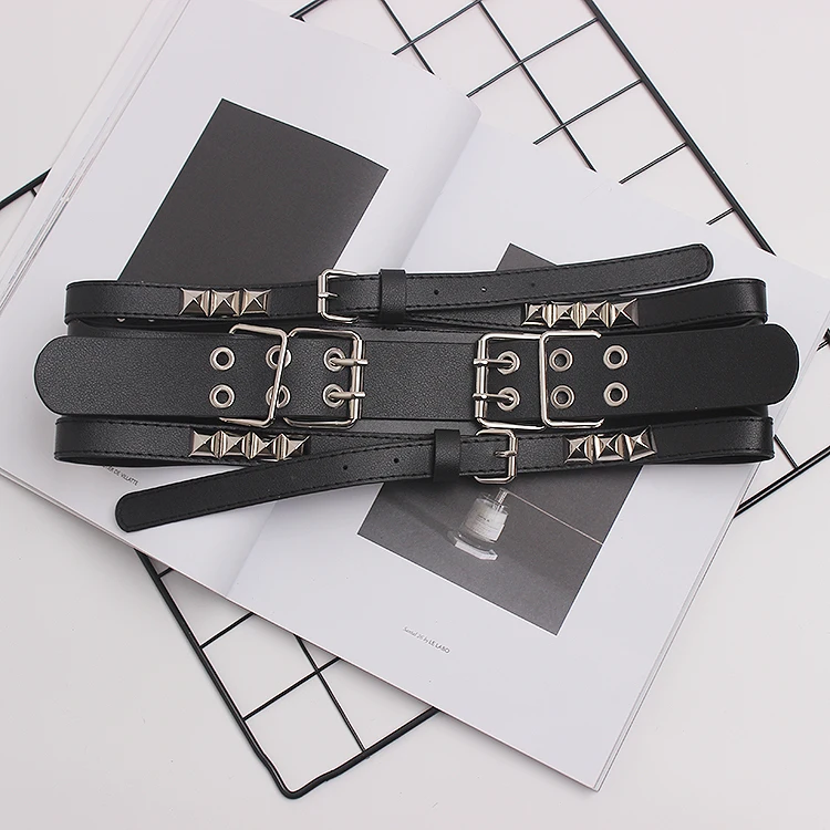 

2019 Spring Adult Unisex Rivet PU Waist Belts Three Layers Buckle PIn Punk European Leather Wide Belt Strap