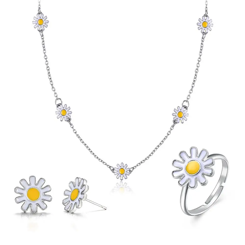 

8Seasons New Fashion Silver Color Daisy Flower Jewelry Set For Women Wedding Party Necklace Earrings Rings Sweet Jewelry Gifts