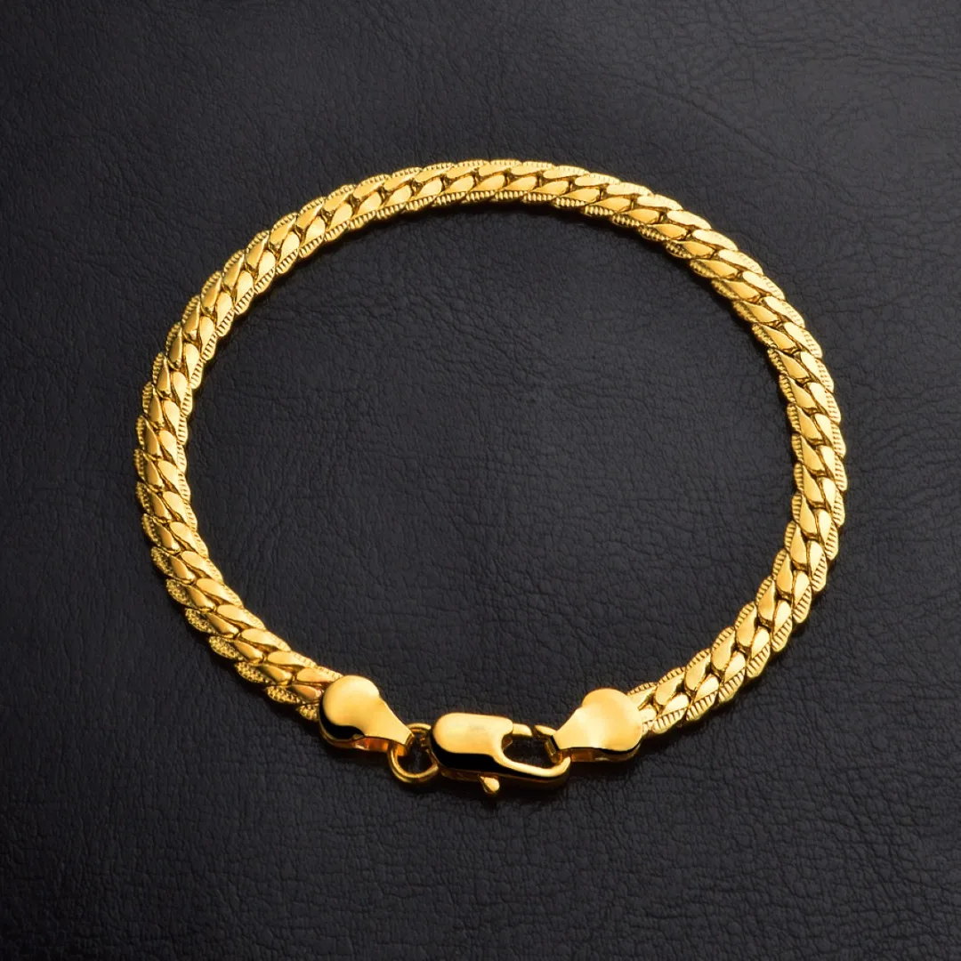 Men Flat Snake Bone 18K Gold Plated Curb Chain Fashion Bangle Bracelet