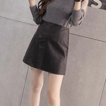 

2016 New fashion Women faux pu Leather skirt high waist party clothing female short A-Line woman skirts saias femininas LQ46