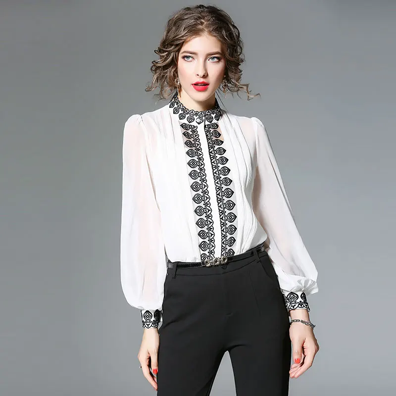  Borisovich Office Lady Elegant Chiffon Blouses New Brand 2018 Autumn Fashion Luxury Embroidery Wome