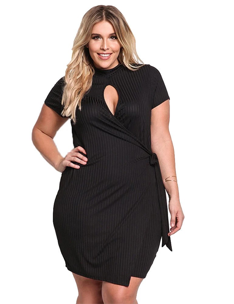 Sexy Women Plus Size Dress Cutout Front Asymmetric Short Sleeve Black Wrap Dress Solid Slim