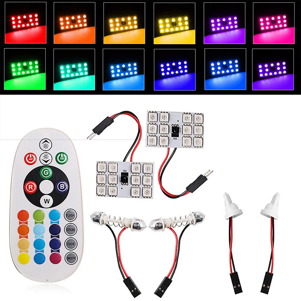 

T10 5050 SMD 16 Color RGB 12 LED Panel Car Auto Interior Reading Map Lamp Bulb Light Dome Festoon Remote Controller Flash Strobe