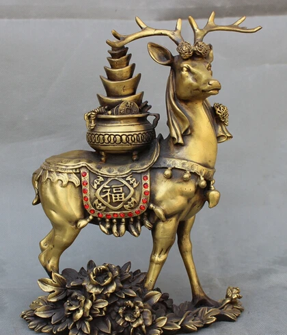

JP S0114 11"Folk Chinese Pure Bronze Animals Wealth Treasure Bowl On Brass Fu Deer Statue