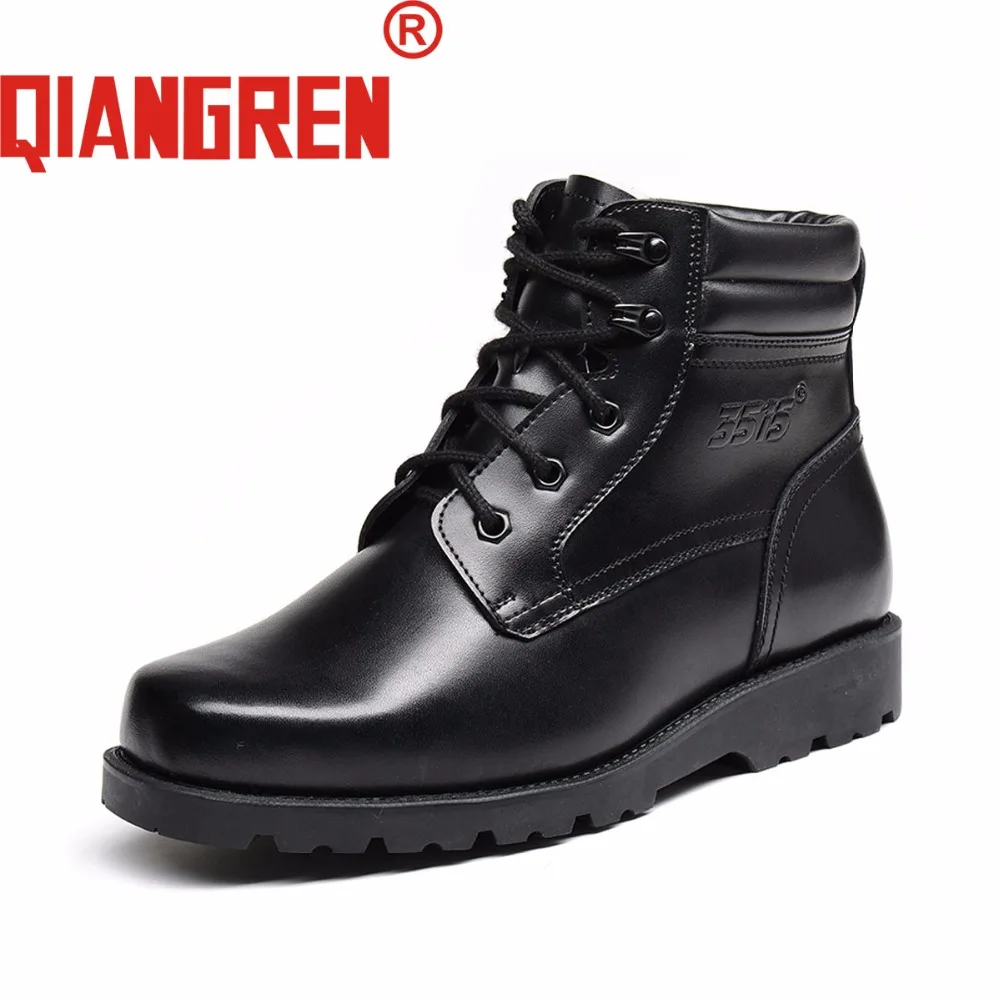 QIANGREN Military Brand Men's Winter Black Leather Wool Snow Boots