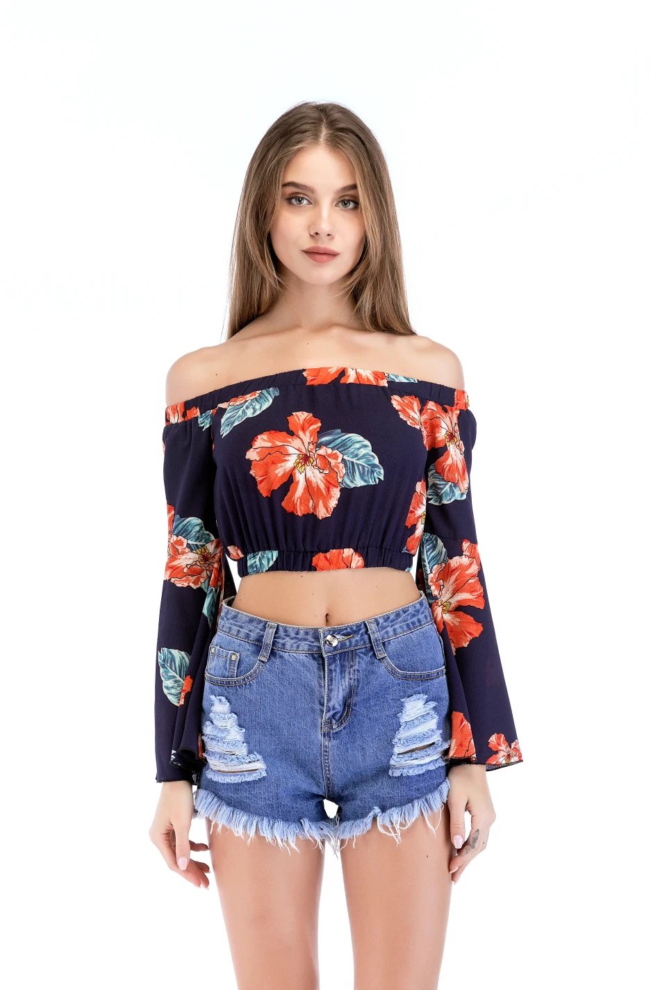 

New Bohemian Chiffon Long Flare Sleeve Slash Neck Womens Tops And Blouses Summer Tops For Women 2018 Off Shoulder Top Crop Top
