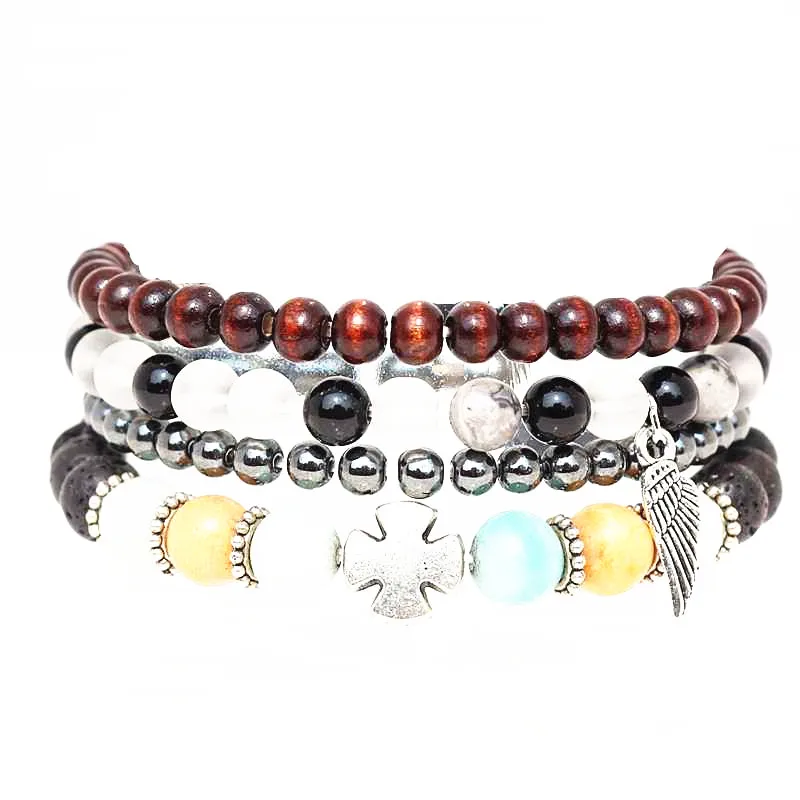 

Lava stone bracelet set cross beads 4pcs set bracelets for statement women men jewelry