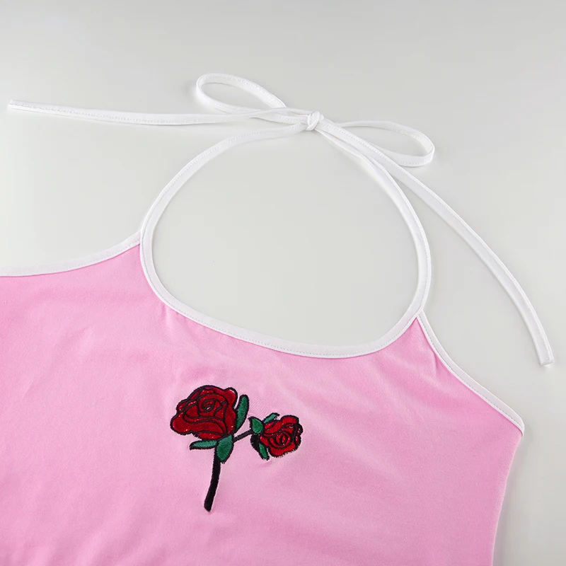 HEYounGIRL Холтер розовый укороченный топ сексуальная без рукавов и Спинки женские топы футболки Цветочная вышивка жилет Летний Топ уличная