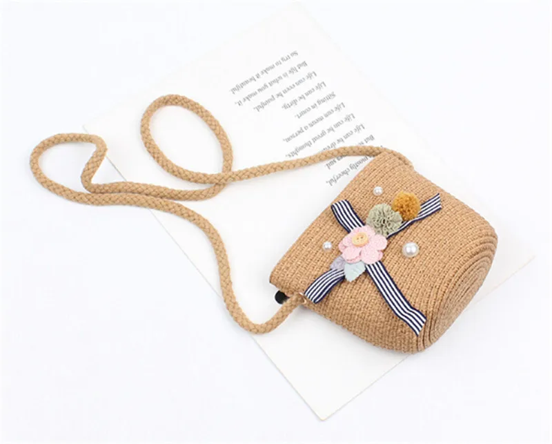 Новая модная детская соломенная сумка для девочек, цветочный жемчуг, забавная сумка-мессенджер, детский пляжный праздничный кошелек сумка для монет - Цвет: Коричневый