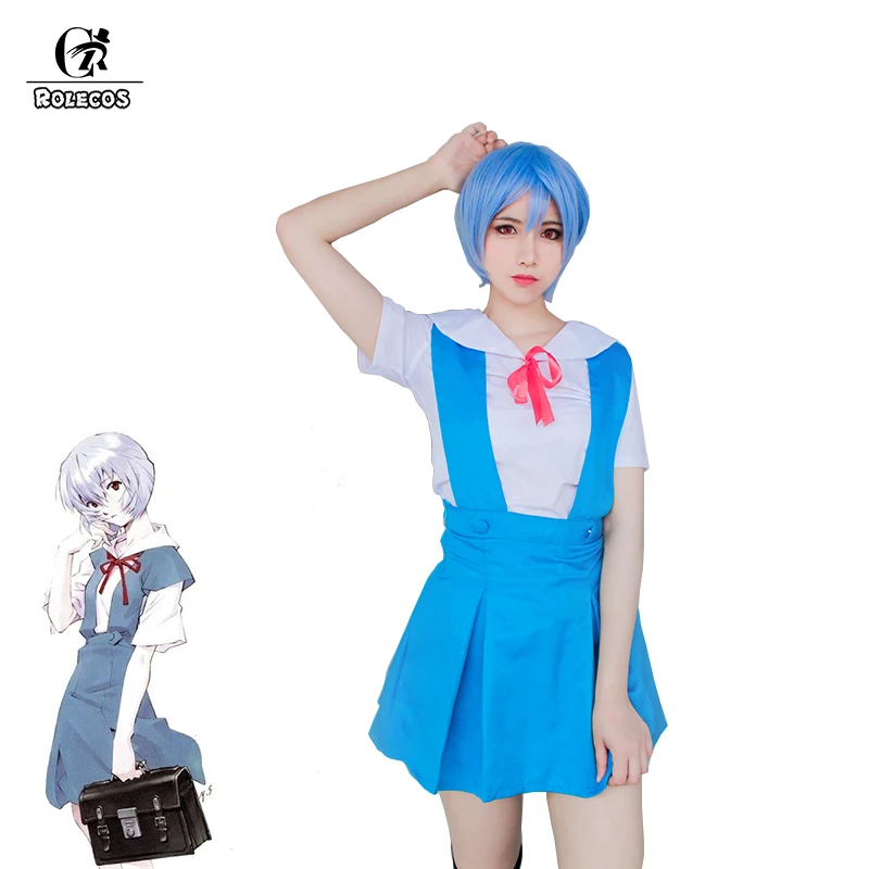 

ROLECOS Anime Neon Genesis Evangelion EVA Cosplay Costumes Ayanami Rei Blue School Uniform Summer Suspender Dresses