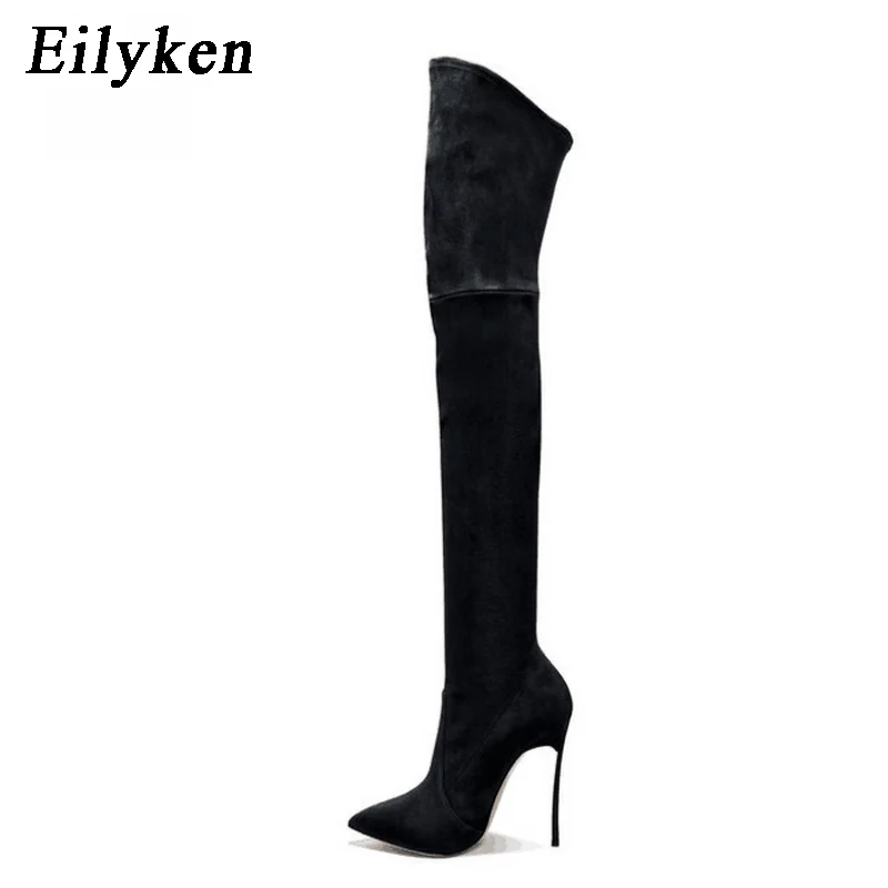 Baratos Eilyken 2019 Otoño Invierno botas de mujer estiramiento Delgado muslo alto botas de moda sobre la rodilla zapatos de tacón alto Mujer zafiro