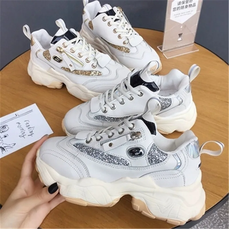 

Brand Woman Casual Footwear Women Chunky Shine Sneakers 2019 Platform Spring Shoes Female white Sneaker Dad Shoes Trainers