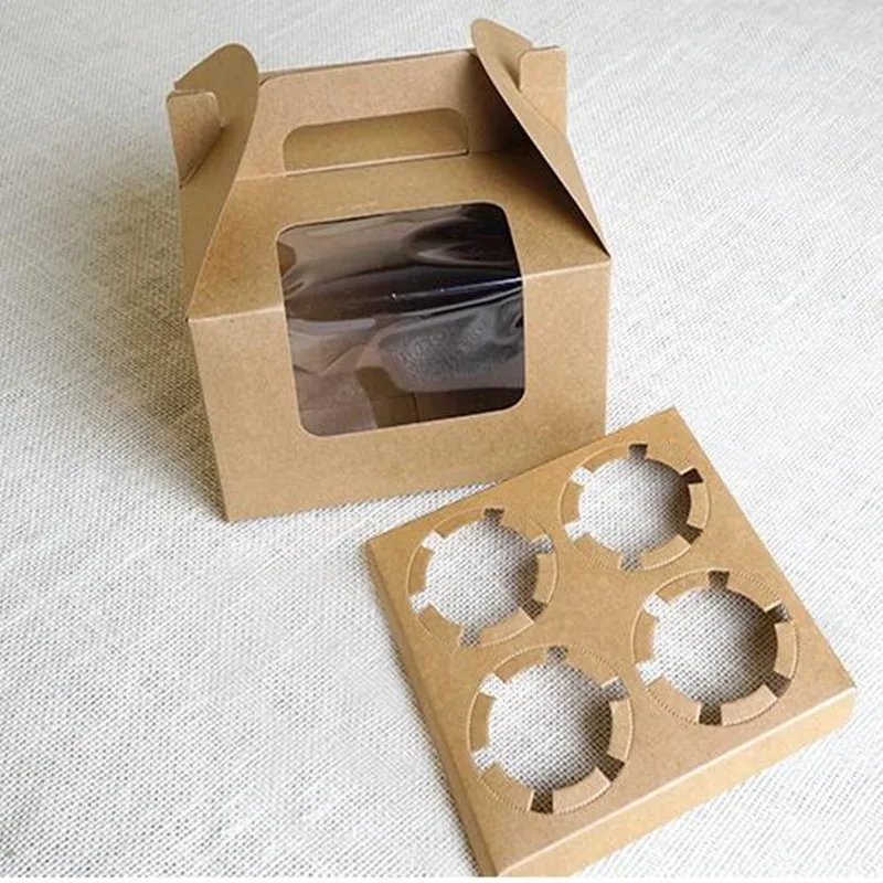 15.5*15.5*10cm Handmade 4 Cupcake Soap Candy Kraft Paper Boxes with Window 20pcs/lot Kraft Brown Gift Packaging Boxes PP711
