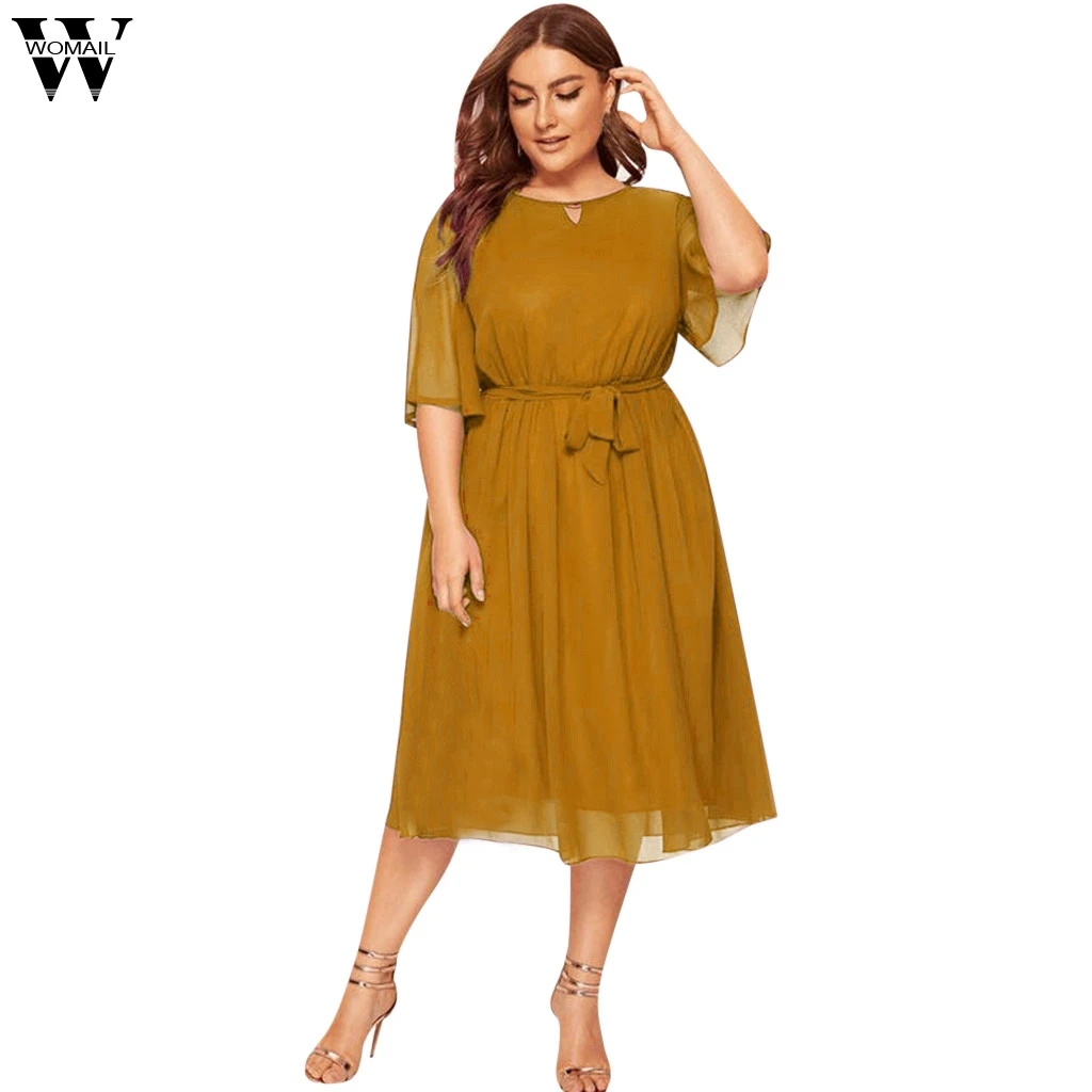 Womail, женское платье размера плюс, модное Повседневное платье с круглым вырезом и рукавом до колена, вечерние платья, осенние платья, XL-4XL