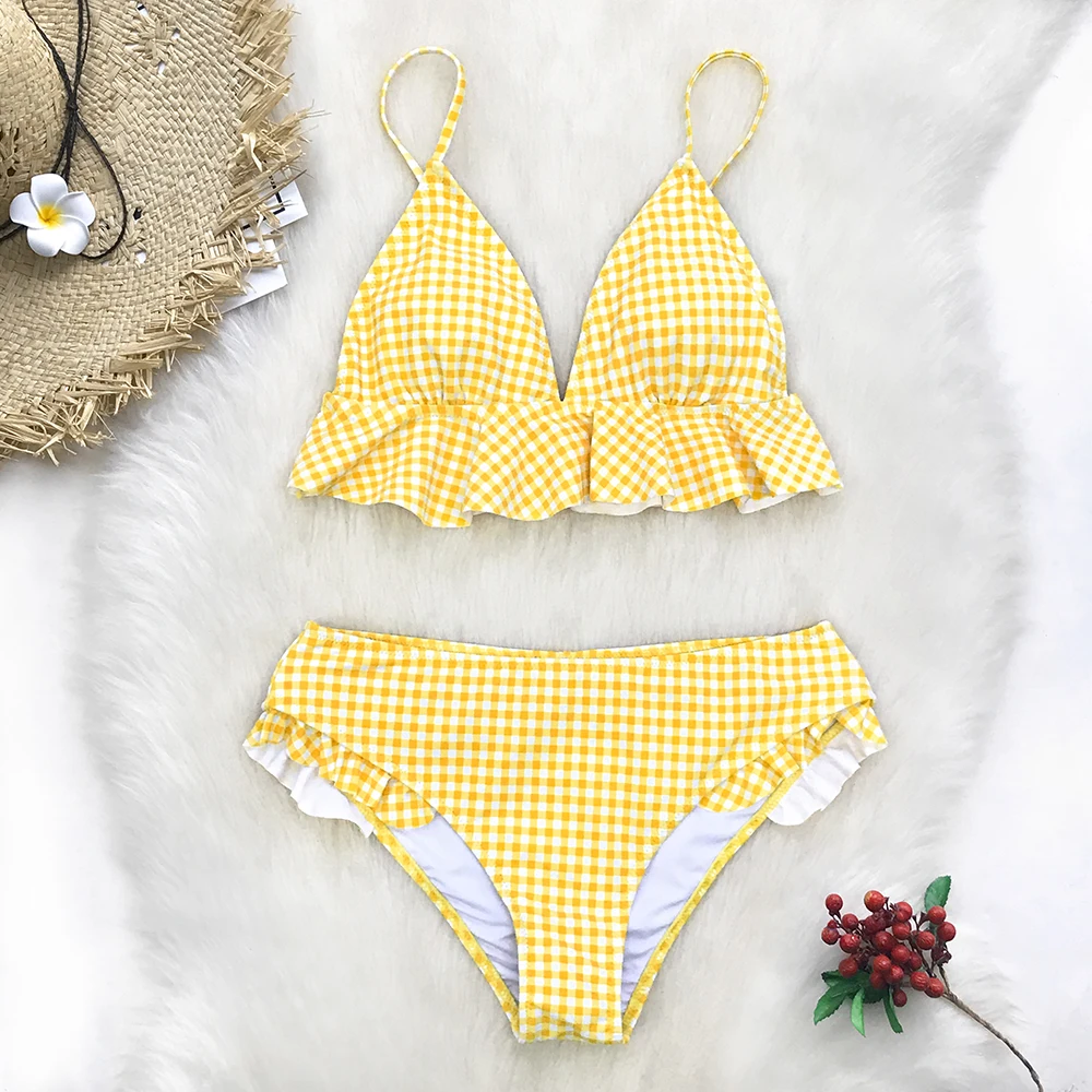 black and white gingham bikini with ruffles