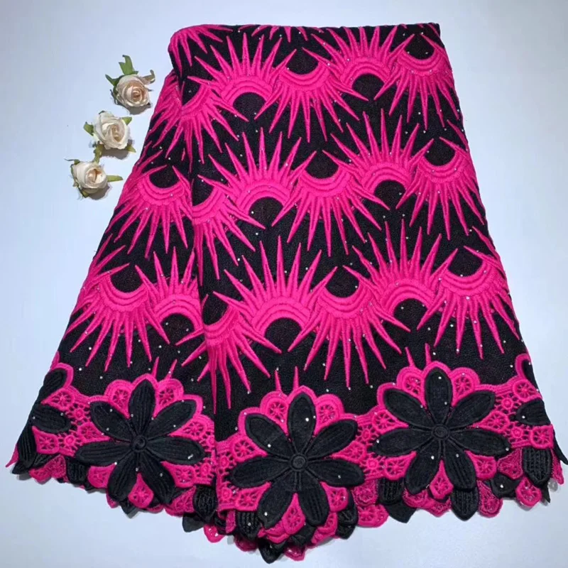 

Free shipping (5yards/pc) attractive African guipure lace fabric in black and fuchsia with stones high quality for dress WLA08