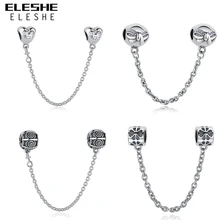 ELESHE Authentic 925 Sterling Silver Daisy Bow Heart Safety Chain Charm Beads Fit Origina Pandora Charm Bracelet Jewelry Making