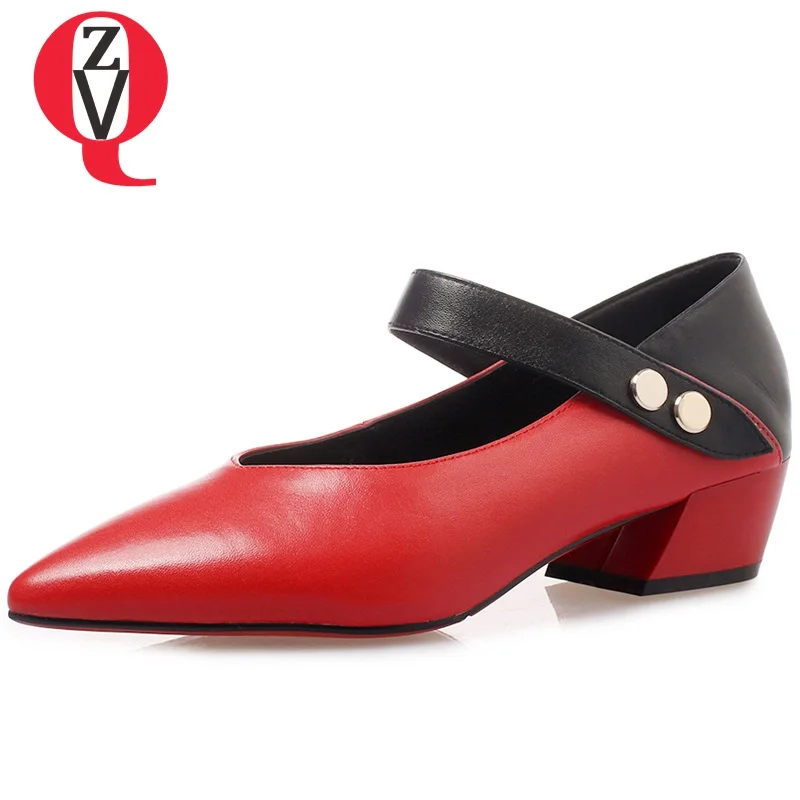 

ZVQ woman pointed toe pumps low heels shoes real genuine leather upper thick heel women shoes fashion good quality brand heels