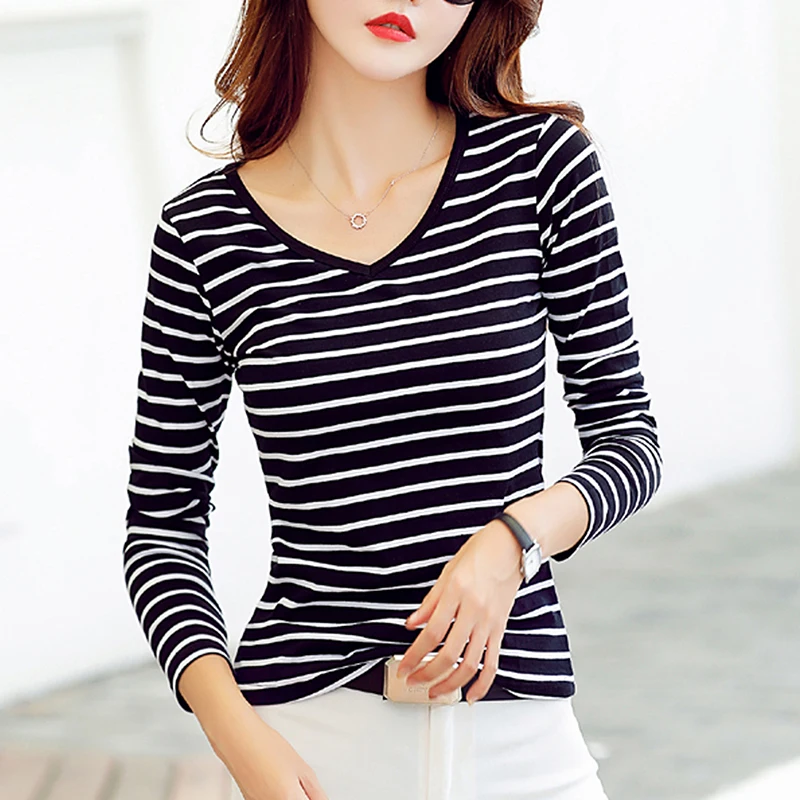 

T Shirt Women 2019 Women Stripe T shirt Top Female Long Sleeves V Neck T Shirt Plus Size 3XL Autumn Casual Top Tee Black White