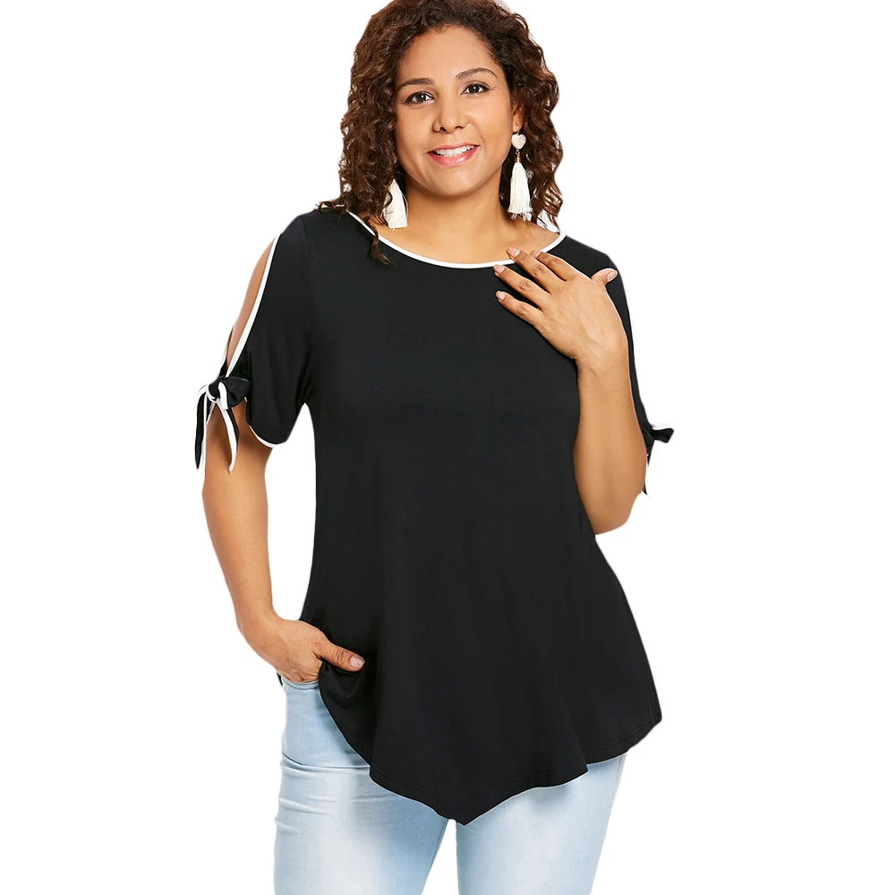 

Wipalo Plus Size 5XL Contrast Trim Self Tie Sleeve T-Shirt Spring Summer Slit Sleeve Color Block Casual Women'S Tops Big Size