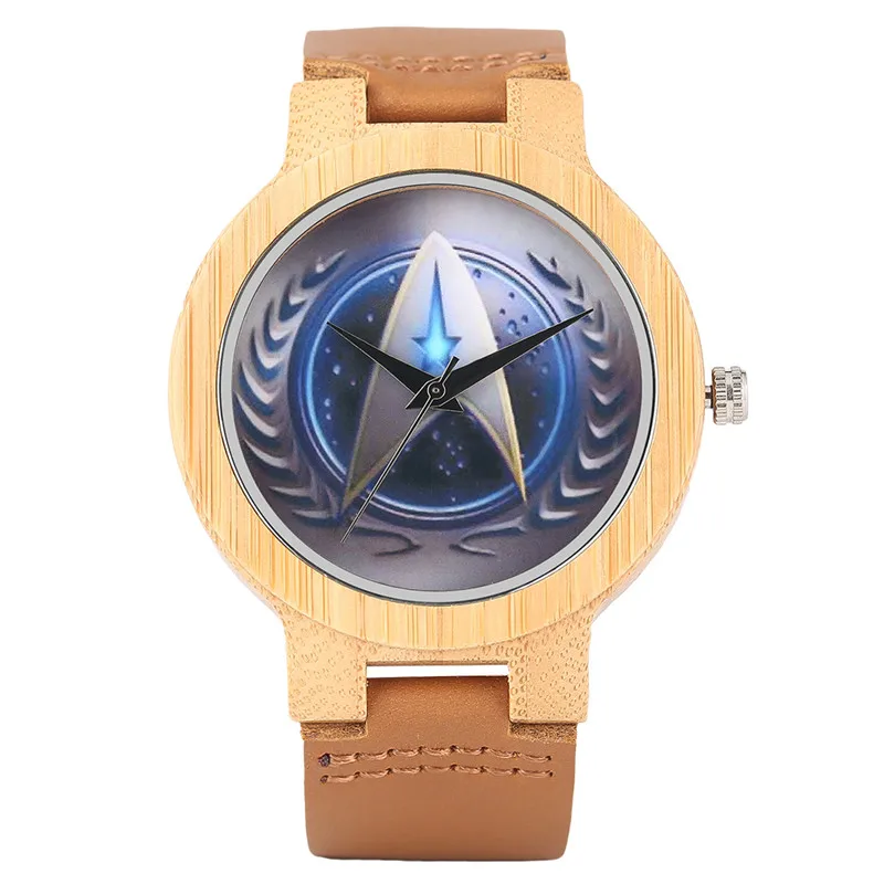 

Creative Star Trek Dial Bamboo Watches Genuine Leather Band Quartz Nature Wooden Watch Men 2017 New Arrival Fashion Clock Gift