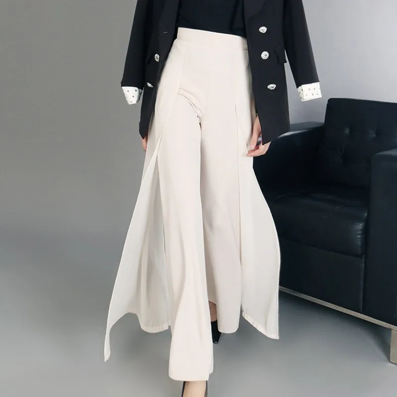 

LANMREM 2018 New Arrival Spring spring Women High Waist Mesh Patchwork Nine Part Wide Leg Pants Female Fashion Trousers TA904
