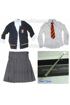 

Free Shipping Harry Gryffindor Hermione Cosplay Cardigan Skirt Uniform Wand Custom Made for Halloween and Christmas