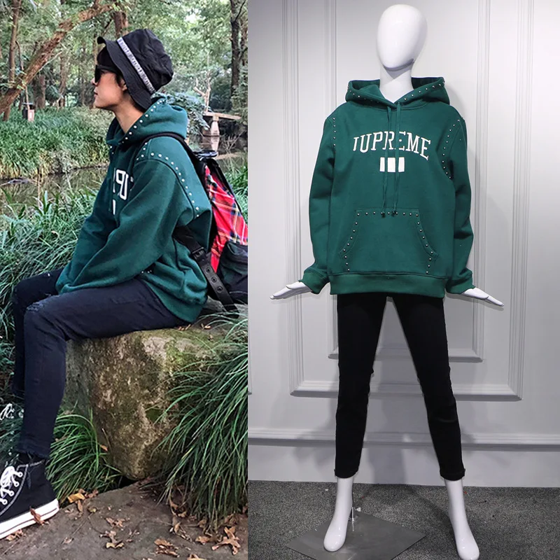 

Sun Li Weibo Green Loose Alphabet Rivet BF Guard Women 2019 Hooded Fashion Pullovers Women Sweatshirt