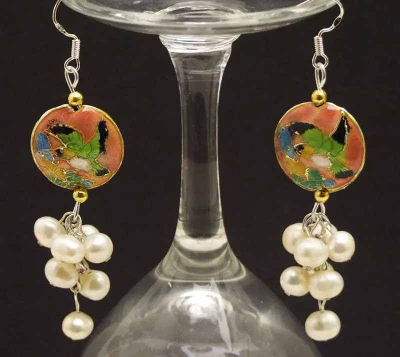

Qingmos 18mm Pink Round Cloisonne Dangle 2.5'' Earrings for Women With 6-7mm White Natural Pearl-ear516 Free shipping
