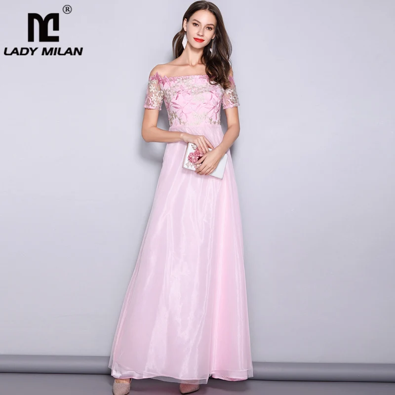

Lady Milan Women's Runway Designer Dresses Sexy Slash Neck Line Embroidery Bodice Patchwork Fashion Prom Long Party Dresses