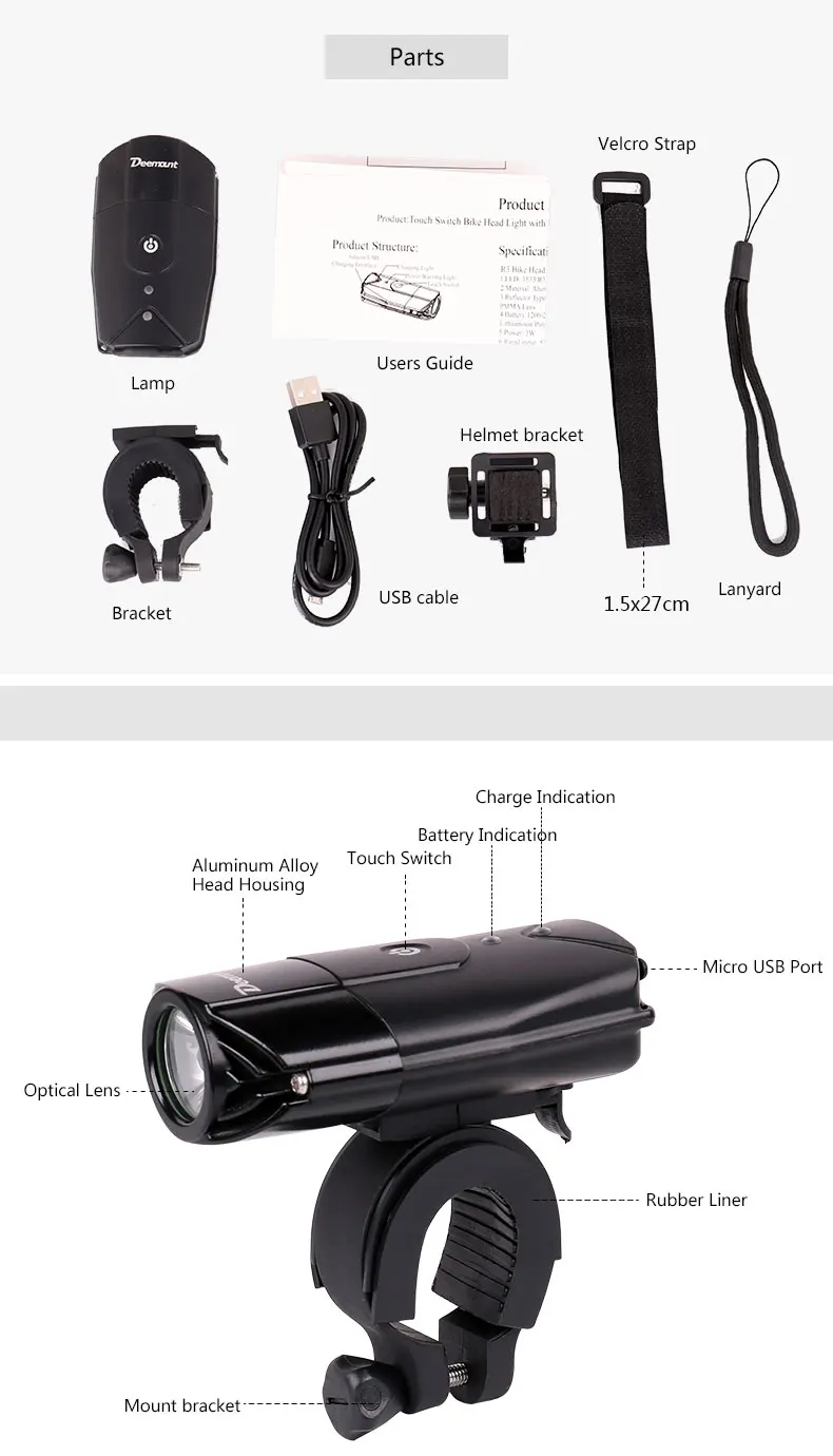 Excellent Deemount BCL-210 Bicycle Headlight Cycling R3 L2 LED Front Lighting USB Charge Touch Switch Water Proof Handlebar Lantern 1